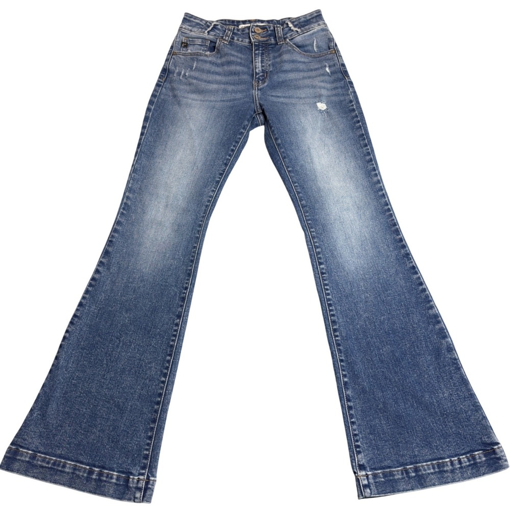 KanCan Flare Jeans Women 25/30 Blue Distressed High Rise Double Button 226256